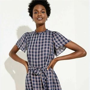 NWOT Ann Taylor Loft Navy Blue Red Plaid Ruffle Neck Short Sleeve Dress